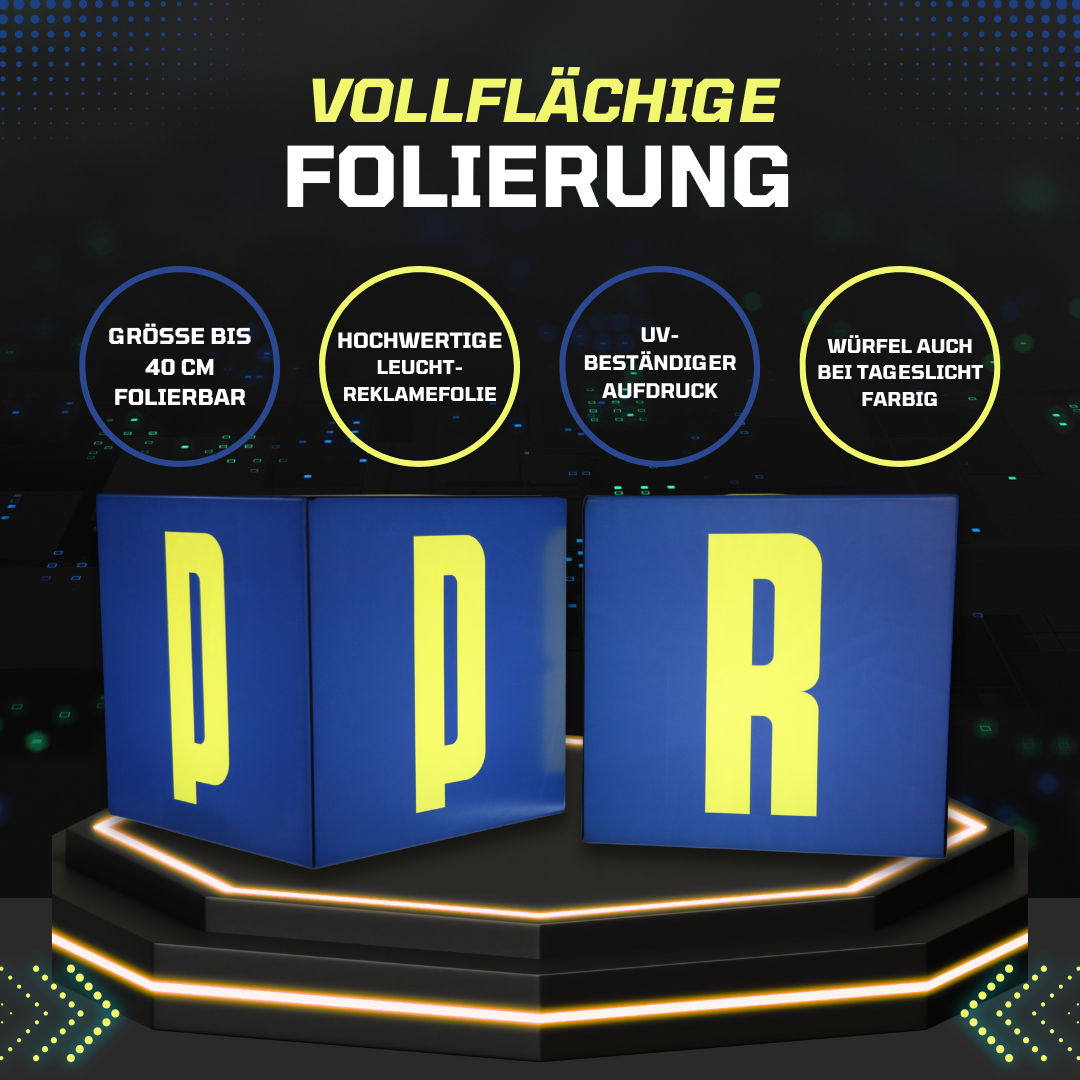 folierter 40cm led sitzwuerfel mit logo buchstaben