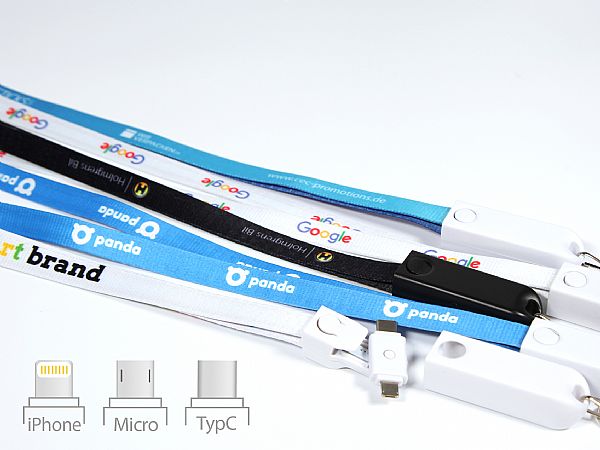 3 verschiedene Ladestecker, 80 cm Umhängeband, beidseitig vollflächig bedruckbar