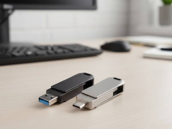 Zwei elegante USB-Sticks in Schwarz und Silber auf einem Schreibtisch, ideal für individuelles Branding und Datenspeicherung.