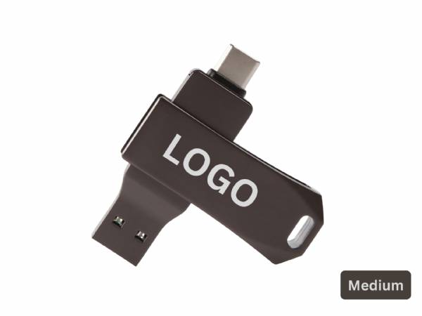 USB-Stick in Anthrazit mit Logobereich und vielseitigen Anschlüssen für praktische Anwendungen. Ideal für Werbezwecke.
