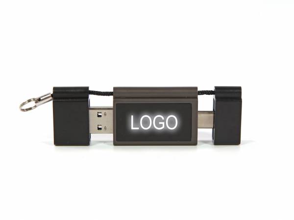 LED USB-Stick mit dualem Stecker (Typ-A + Typ-C) und Leuchteffekt, idealer Werbeartikel