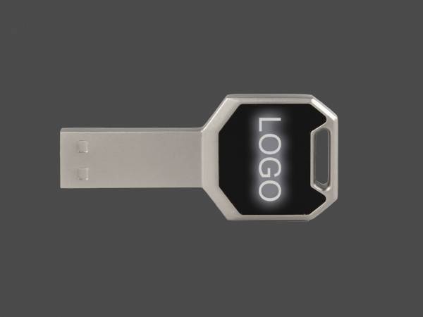 LED USB-Stick aus Metall in Schlüsselform mit Leuchteffekt, idealer Werbeartikel