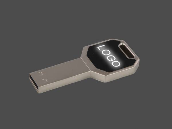 LED USB-Stick aus Metall in Schlüsselform mit Leuchteffekt, idealer Werbeartikel