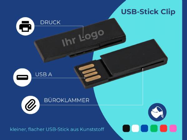 Kleiner, flacher USB-Stick mit Clip-Funktion und Platz für individuelles Logo im Kunststoffgehäuse.