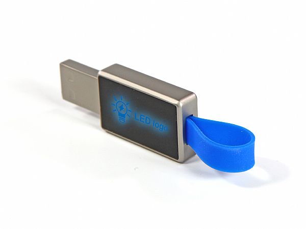 LED USB-Stick aus Metall mit Gummiband und Leuchteffekt, idealer Werbeartikel