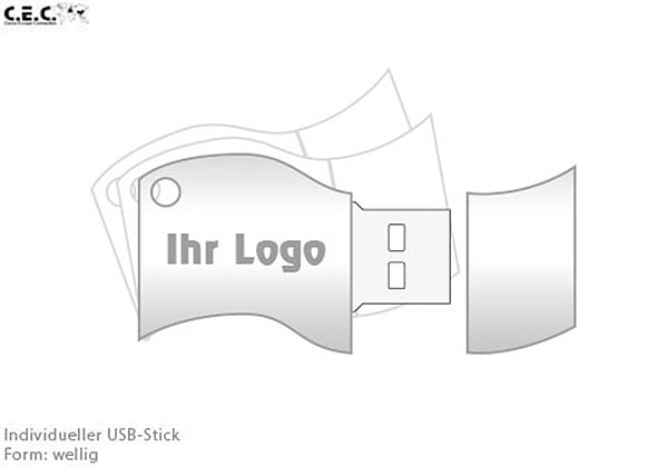 Individueller USB-Stick in Wellenform mit Platz für ein personalisiertes Logo auf der Vorderseite.