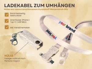 Ladekabel mit weizenstrohbasierter Hülle und Karabinerhaken, individuell bedruckbar für Firmenlogos.