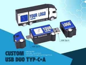 USB-Duo-Stick im Lkw-Design mit Platz für individuelles Logo und Anschlüssen für Typ A und C.