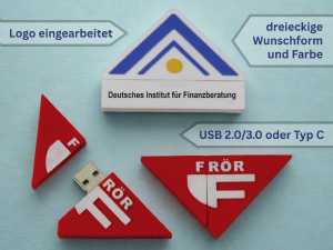 USB-Stick in dreieckiger Form mit farbigem Gehäuse und individuellem Logo-Bereich für personalisierte Werbung.