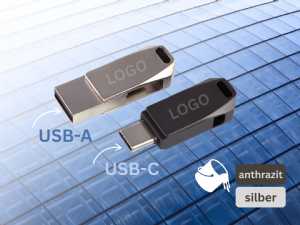 USB-Sticks in Anthrazit und Silber mit Platz für individuelles Logo, ausgestattet mit USB-A und USB-C Anschlüssen.