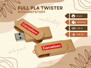 Nachhaltiger USB-Stick aus Biokunststoff in Hellbraun mit Platz für individuelles Logo. USB-A und USB 3.0 Anschluss.