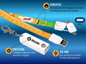 USB-Lanyard mit 32 GB Speicher und beidseitig bedruckbarem Umhängeband für individuellen Firmenaufdruck.
