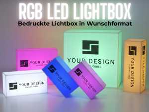 RGB LED Lichtbox in verschiedenen Farben, bedruckt mit individuellem Design und Logo. Ideal für Werbung und Präsentationen.