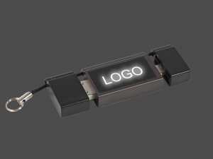 USB-Stick mit grauem Gehäuse und Platz für individuelle Logobeschriftung, ideal für Werbezwecke und Geschäftsgeschenke.