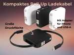 Kompaktes 3-in-1 Roll-Up Ladekabel in Schwarz und Weiß mit großer Druckfläche für individuelle Gestaltung.