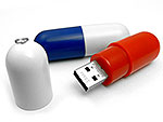 USB-Stick in Kapsel-Design mit rotem und blauem Gehäuse, ideal zum Bedrucken mit individuellen Logos.