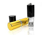 USB-Stick im Lippenstift-Format mit glänzendem, goldenen Gehäuse und Platz für individuelles Branding.