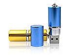 USB-Stick im Lippenstift-Design in Blau und Gold, ideal für individuelle Logo-Drucke und als Werbegeschenk.
