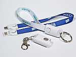 Lanyard mit USB-Ladefunktion, ausgestattet mit mehreren Anschlüssen und Schlüsselring für praktische Verwendung.