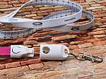 USB-Lanyard mit pinkem Band und Adapter für verschiedene Anschlussmöglichkeiten, ideal für vielseitigen Einsatz.