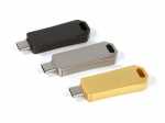 Drei moderne USB-Sticks in Schwarz, Silber und Gold mit USB-C-Anschluss und Platz für individuelle Logo-Gestaltung.