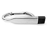 Metallischer USB-Stick im Karabiner-Design, ideal für individuelles Branding mit Firmenlogo.