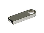 USB-Stick in schlankem, metallic-silbernem Design mit praktischem Loch zur Befestigung und Platz für individuelle Logos.