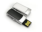 Eleganter USB-Stick in Schwarz und Silber mit Platz für individuelles Logo und praktischem Klappmechanismus.