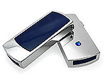 USB-Stick in Edelstahloptik mit blauer Oberfläche und individuellem Logo-Bereich für personalisierte Werbung.