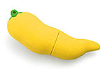 USB-Stick in Form einer gelben Chilischote mit grünem Stiel, ideal zum Bedrucken mit einem Firmenlogo.