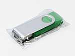 USB-Stick mit silbernem Gehäuse und grünem Flipp-Mechanismus, ideal für individuelle Bedruckungen.