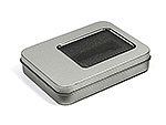 Rechteckige Metallbox in silber mit transparentem Sichtfenster, ideal für individuelles Branding oder als Geschenkverpackung.