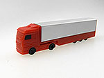 Modell eines roten Lastwagens mit grauem Auflieger, ideal als Werbemittel oder Geschenkartikel.
