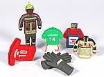 Vielfältige USB-Sticks in Form von Kleidung und Feuerwehrmann, ideal für individuelle Werbezwecke.
