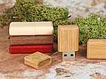 USB-Sticks in verschiedenen Holzfarben, ideal für individuelle Markenpräsentationen und Werbezwecke.