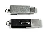 USB-Stick im edlen Design mit silberner und schwarzer Oberfläche, ideal für individuelle Logos und Werbeaktionen.