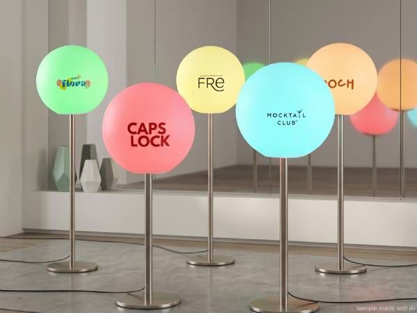 Fünf beleuchtete Kugeln mit unterschiedlichen Farben und Logos, auf eleganten Ständern in modernem, minimalistischen Raum.