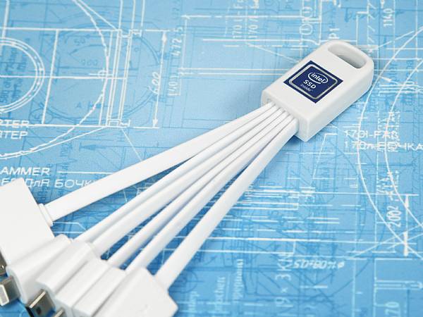 Das 5-in-1 Adapterkabel mit Logo für Intel zum Aufladen vieler Endgeräte, z.B. Smartphones, Kameras und Tablets.