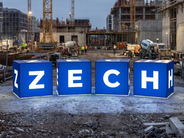 Leuchtende Werbewürfel mit dem Logo der Zech Group auf einer Baustelle, umgeben von Baukränen und Bauarbeiten.
