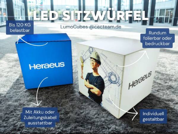 led sitzwuerfel mit print logo heraeus