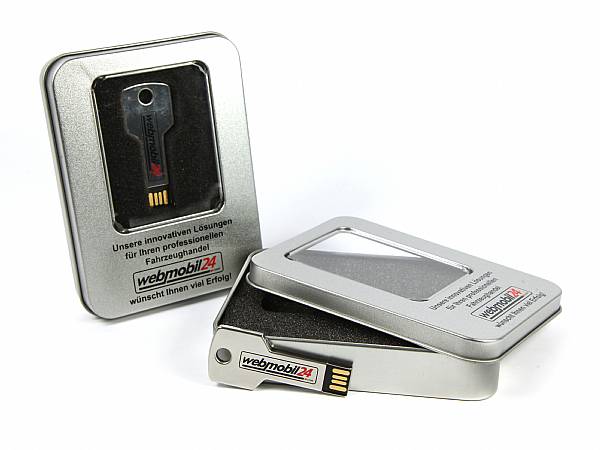 usb stick schluessel metall silber metallverpackung fenster logo