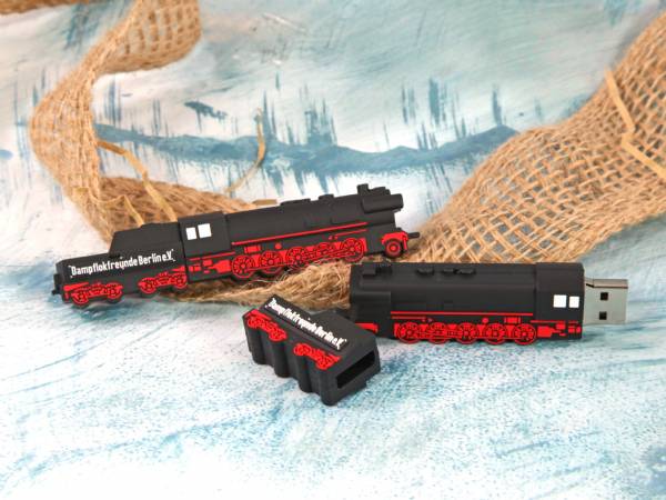 USB-Stick im Lokomotiv-Design mit rotem und schwarzem Gehäuse, ideal für individuelle Markenpräsentationen.