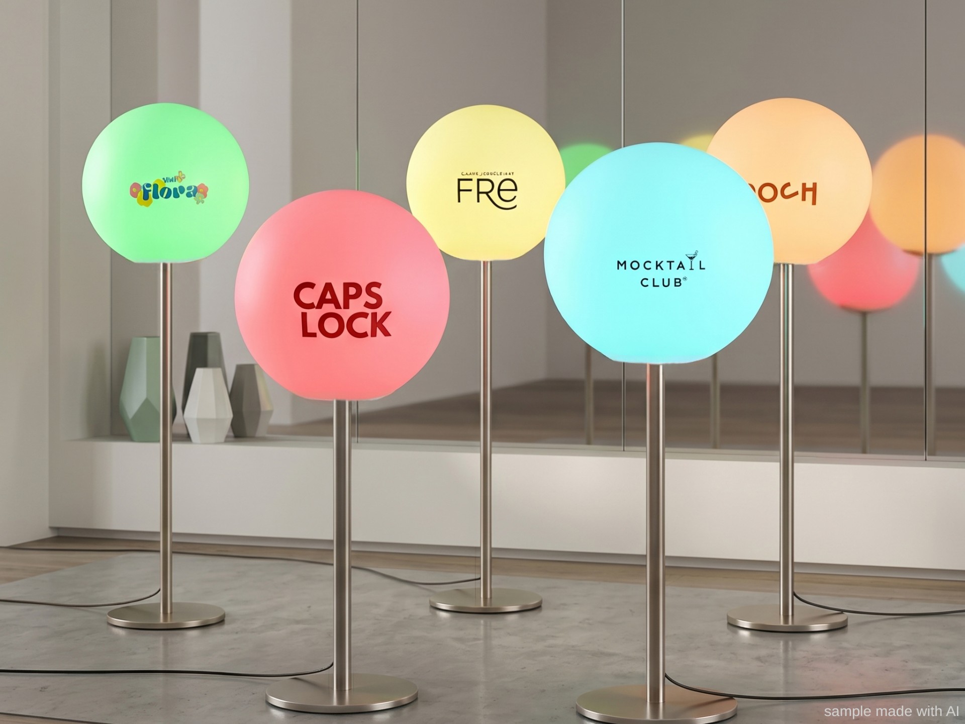 Fünf beleuchtete Kugeln mit unterschiedlichen Farben und Logos, auf eleganten Ständern in modernem, minimalistischen Raum.