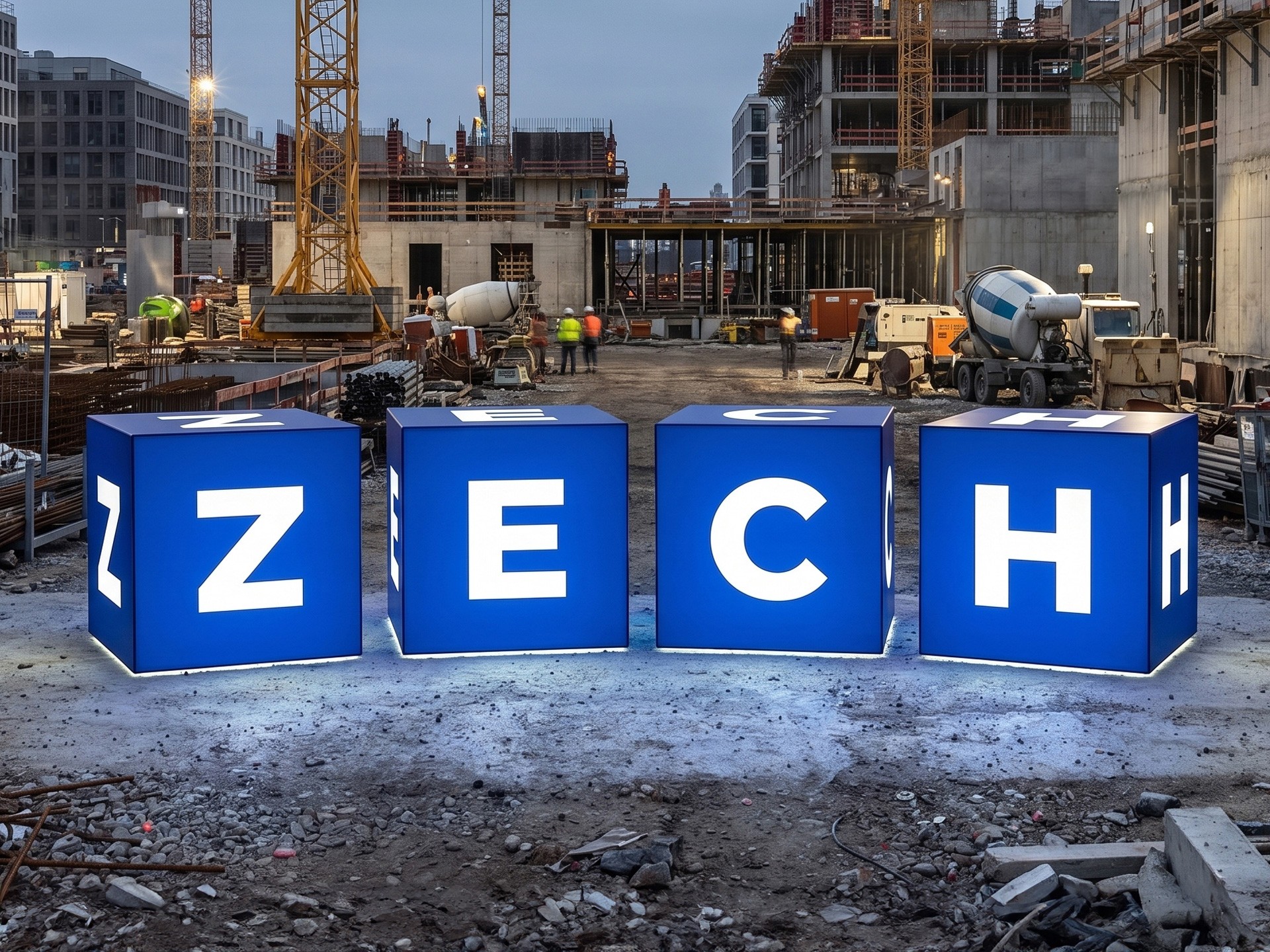 Leuchtende Werbewürfel mit dem Logo der Zech Group auf einer Baustelle, umgeben von Baukränen und Bauarbeiten.
