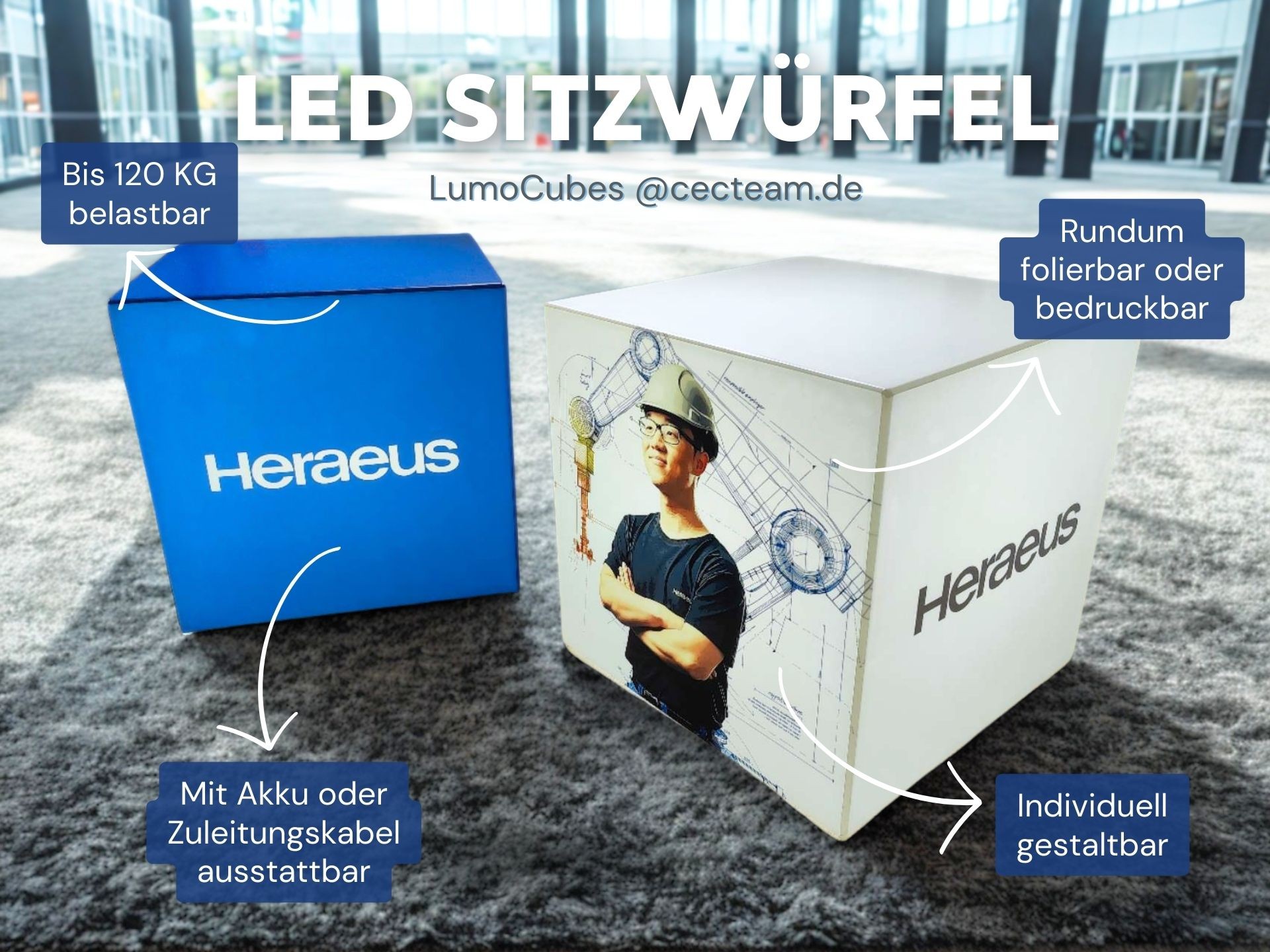 led sitzwuerfel mit print logo heraeus
