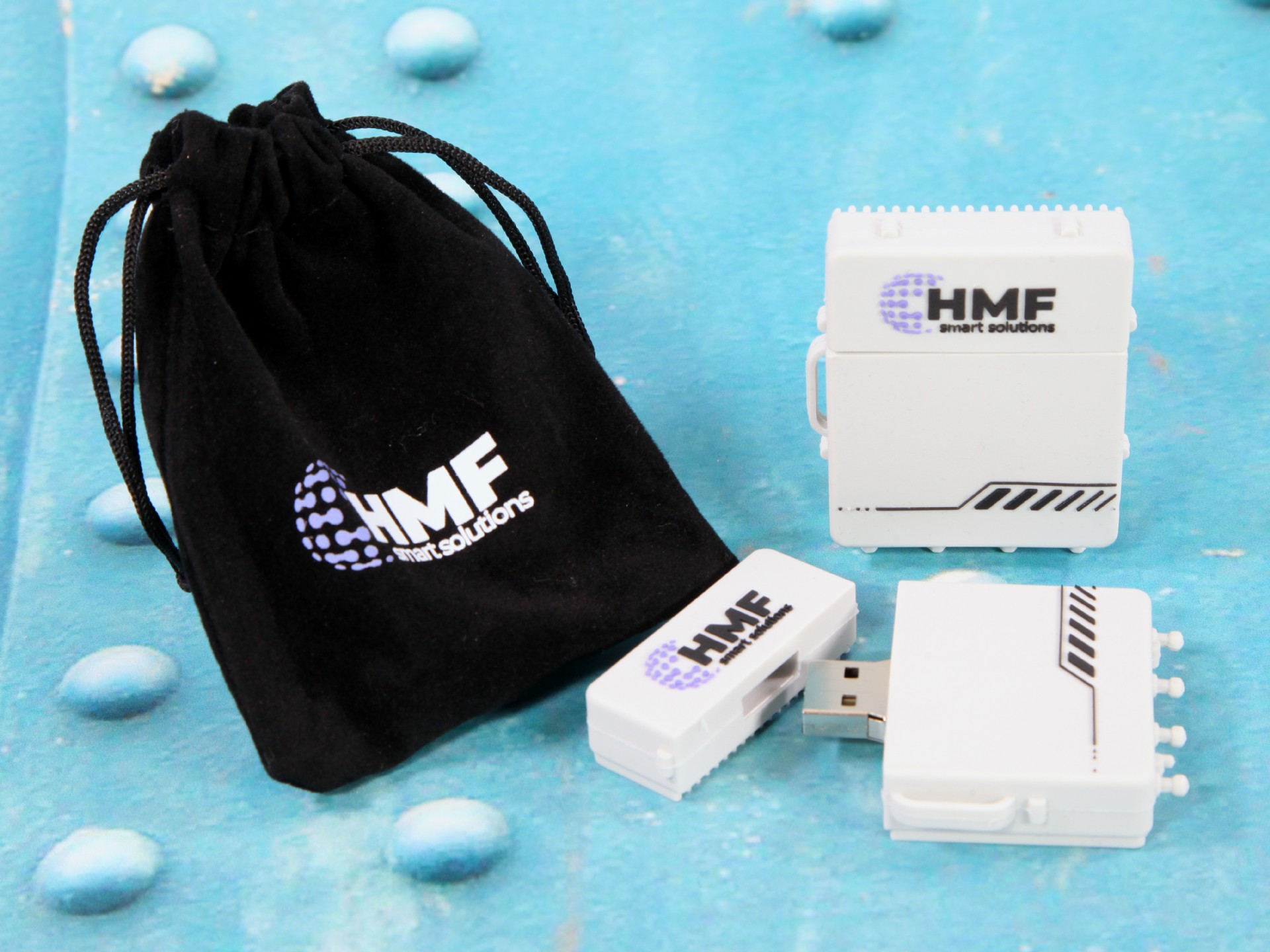 USB-Stick im modernen Design mit individuellem Logo-Bereich und dazugehörigem schwarzen Beutel für eine ansprechende Präsentation.